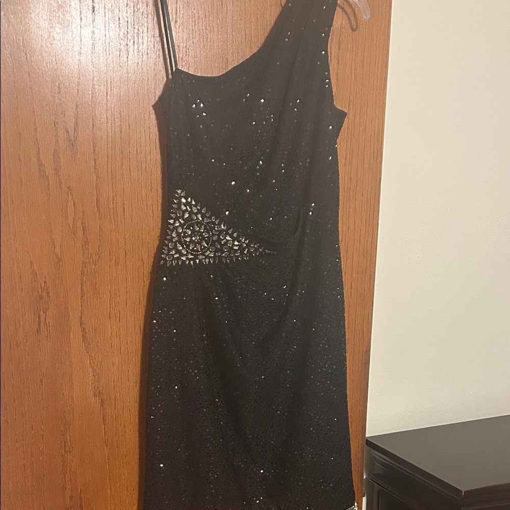 Chic One-Shoulder Black Dress with Embellishments